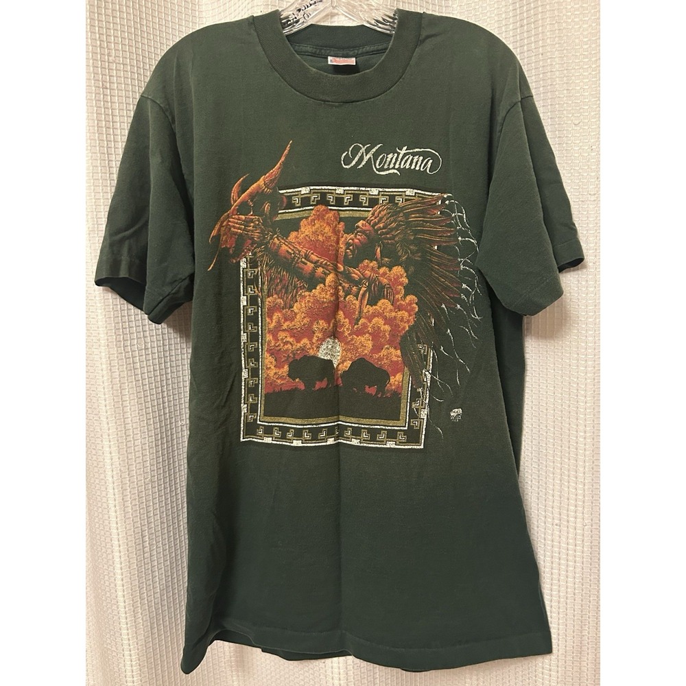 VTG 1993 Montana Green T-shirt Size L Native American Buffalo Kitsch